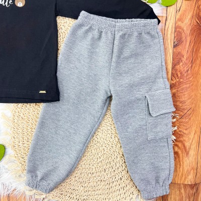 Conj. Blusa Manga Longa Cute Bear e Calça Anarruga com Bolso - Preto e Cinza